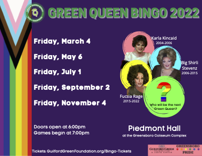 GuilfordGreen's tweet photo. Green Queen Bingo is returning! Join us on March 4 (and four other times during 2022) at Piedmont Hall at the Greensboro Coliseum Complex and find out who the next Green Queen will be! Get your tickets here: https://t.co/wxTqpFt029 https://t.co/eKSgrgNyut