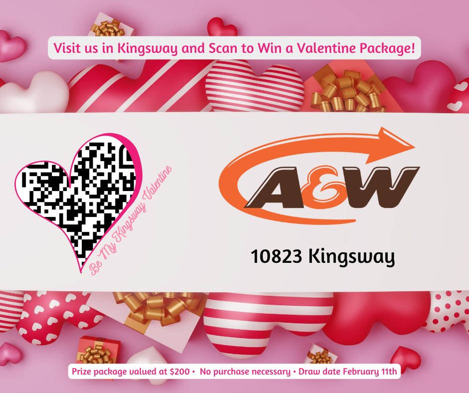 EdmKingsway's tweet photo. Visit A&amp;W Kingsway today, find our QR code and Scan to Win our Valentine package worth $200!

PLUS visit other participating Kingsway businesses for more chances to win!

#A&amp;W #BeMyKingswayValentine https://t.co/9qCNFEyYyI