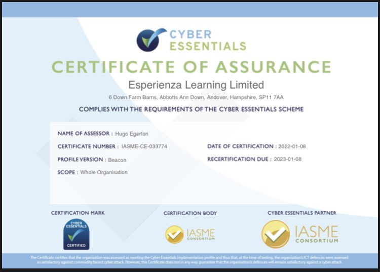 We are delighted to announce that Esperienza Learning have achieved the Cyber Essentials certification.
#cyberessentials #technicaltraining #cybersecurity #datacommunication @hantschamber