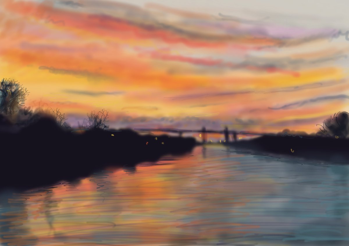 PRWestcott's tweet photo. After all the sunning #sunsets recently I decided to have a go at this one from #BartonBridge looking towards the motorway. Done on my #ipad using #procreate https://t.co/Azo4tcTAXK