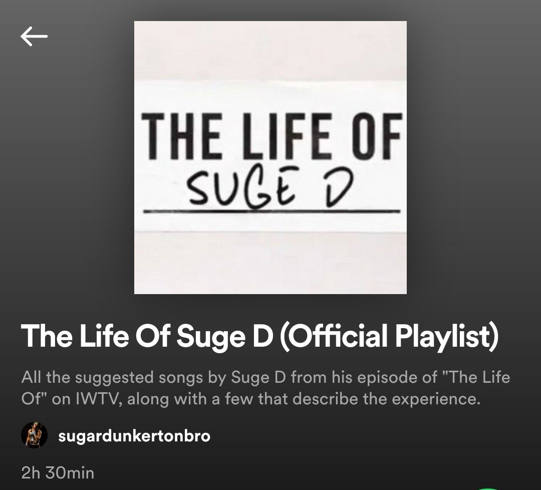 SugarDunkerton's tweet photo. ATTN // OFFICIAL LIFE OF SUGE D PLAYLIST HERE: https://t.co/By8lx2OJXv

Playlist includes all the songs I name dropped + more that add to the journey. (Tracklist in thread)

The response to my episode of "The Life Of" has been crazy. Lets take it higher.

https://t.co/It22KVmHTZ https://t.co/Lv5Xqtmkde