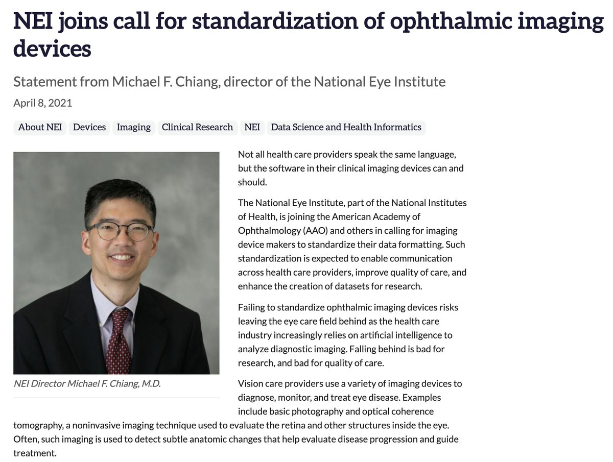2021: <a href="/NatEyeInstitute/">NEI</a> endorsed a <a href="/aao_ophth/">AAO</a> statement to standardize ocular imaging (e.g. DICOM). This would improve research &amp; clinical care.

Why is this still a challenge after decades??
 
We’ve been discussing with @ONC_HealthIT and <a href="/US_FDA/">U.S. FDA</a> about how to improve this.
 
1/2