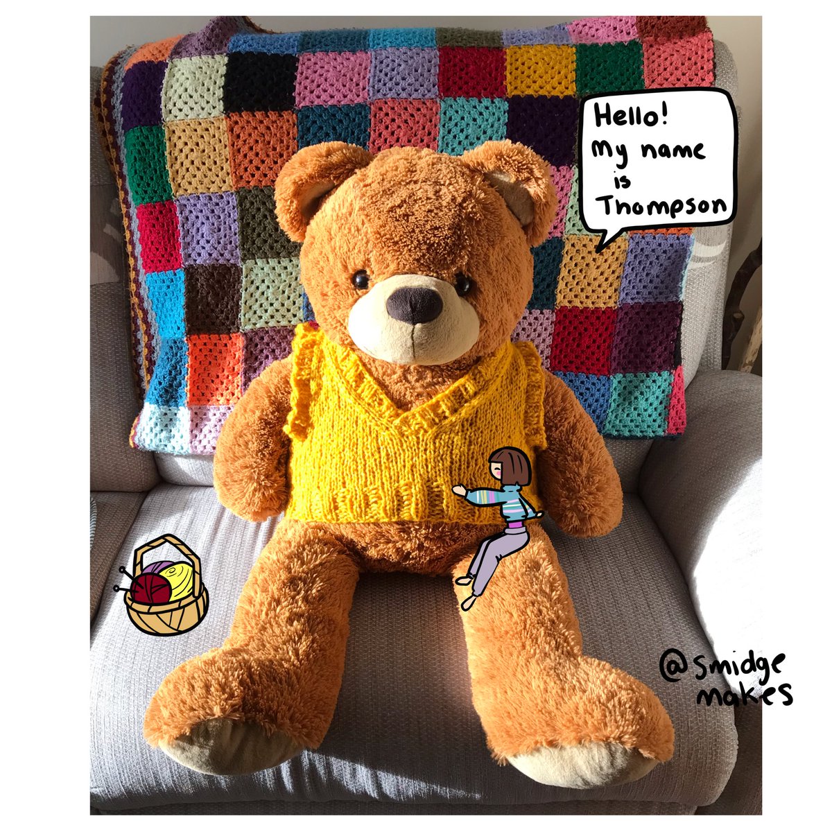 SmidgeMakes's tweet photo. A new teddy to help me test out knitted clothes! Here’s my first attempt at a vest. #doodles #knitting https://t.co/p5GzaKs6td