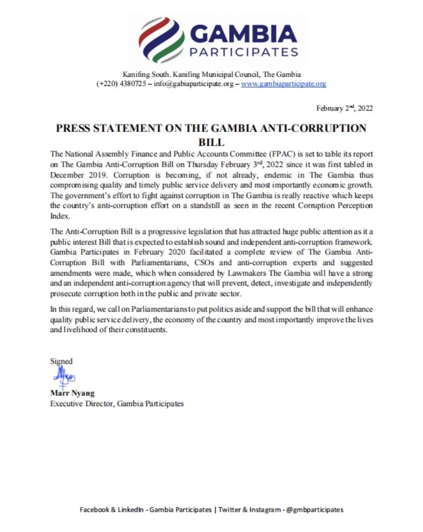 gmbparticipates's tweet photo. As the @GambiaAssembly is set to table The Gambia’s Anti-Corruption Bill tomorrow, we call on Parliamentarians to support this progressive Bill to be passed into Law. 
The enactment of the AC Bill will be a right step to fight against corruption for a better service delivery. https://t.co/rXstK4BMq7