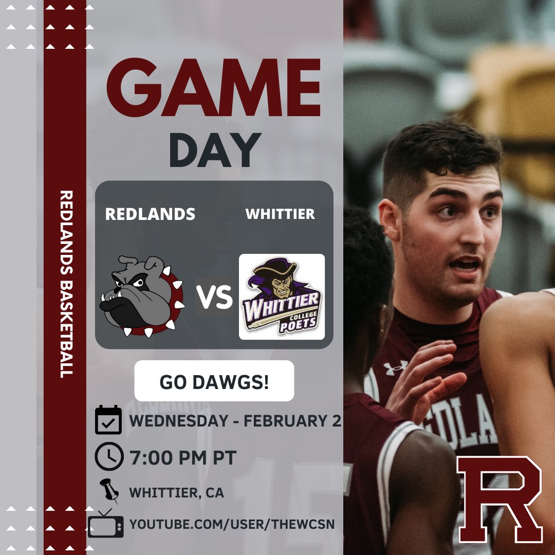 GAMEDAY‼️ 🏀 Redlands @ Whittier 📆 Wednesday, February 2 ⏰ 7:00pm PT 📍 Whittier, CA 📺 youtube.com/user/TheWCSN #Gameday #RoadDawgs #FAB