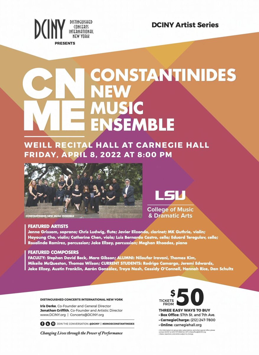JeremiEdwards1's tweet image. I am very proud to announce the LSU Constantinides New Music Ensemble will be performing: Friday, April 8, 2022 8 PM at the Weill Recital Hall within Carnegie Hall in New York City Ticket information can be found here: carnegiehall.org/calendar/2022/…
#newmusic #composersoftwitter