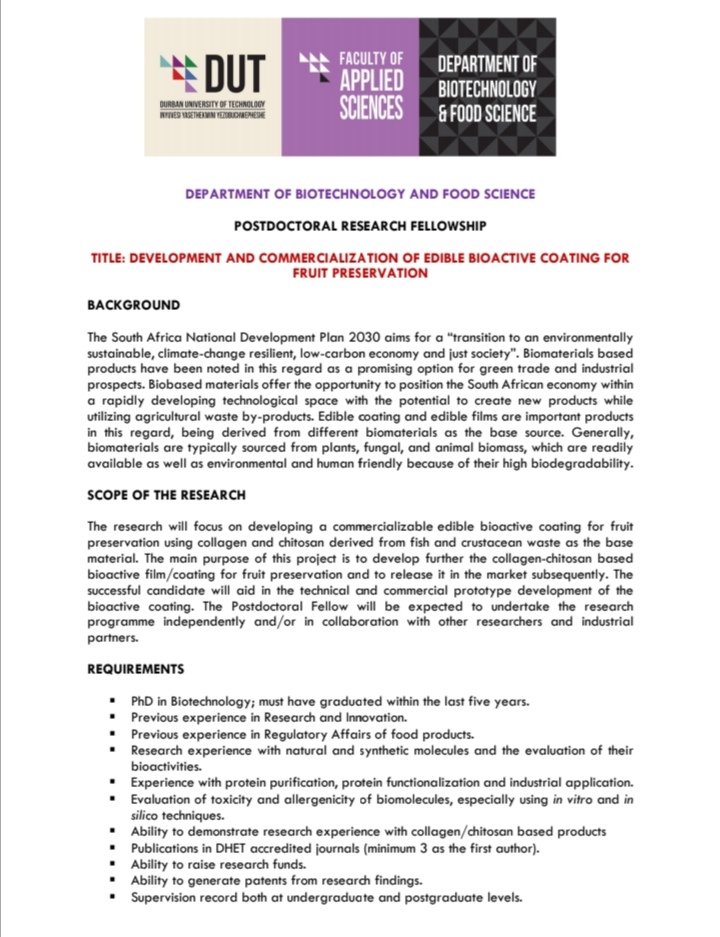 DutBiotechFood's tweet photo. 💡Postdoc. Position Available! 
Closing date: 15 February 2022
Please send your CV to Prof. Pillai: santhoshk@dut.ac.za. https://t.co/MXdJTWlJH6