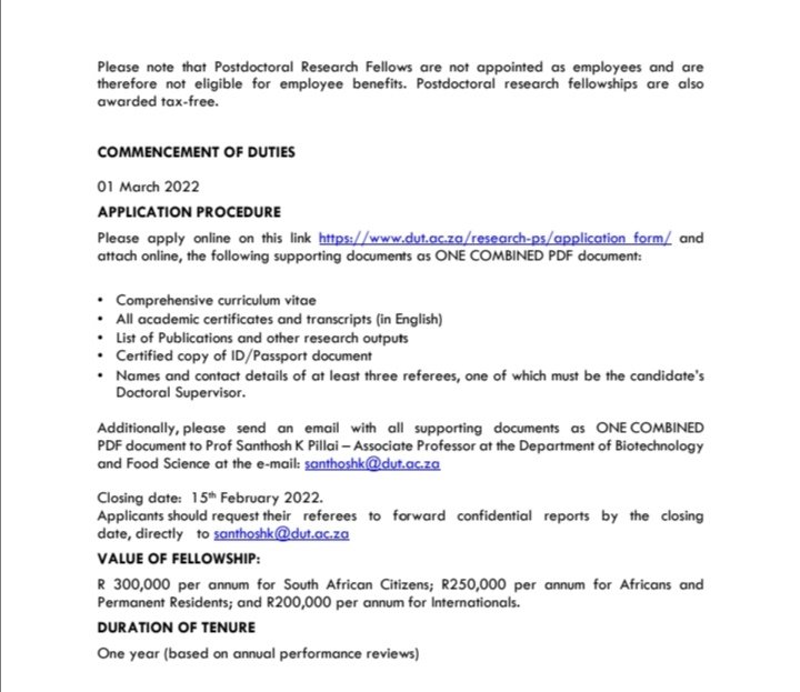 DutBiotechFood's tweet photo. 💡Postdoc. Position Available! 
Closing date: 15 February 2022
Please send your CV to Prof. Pillai: santhoshk@dut.ac.za. https://t.co/MXdJTWlJH6