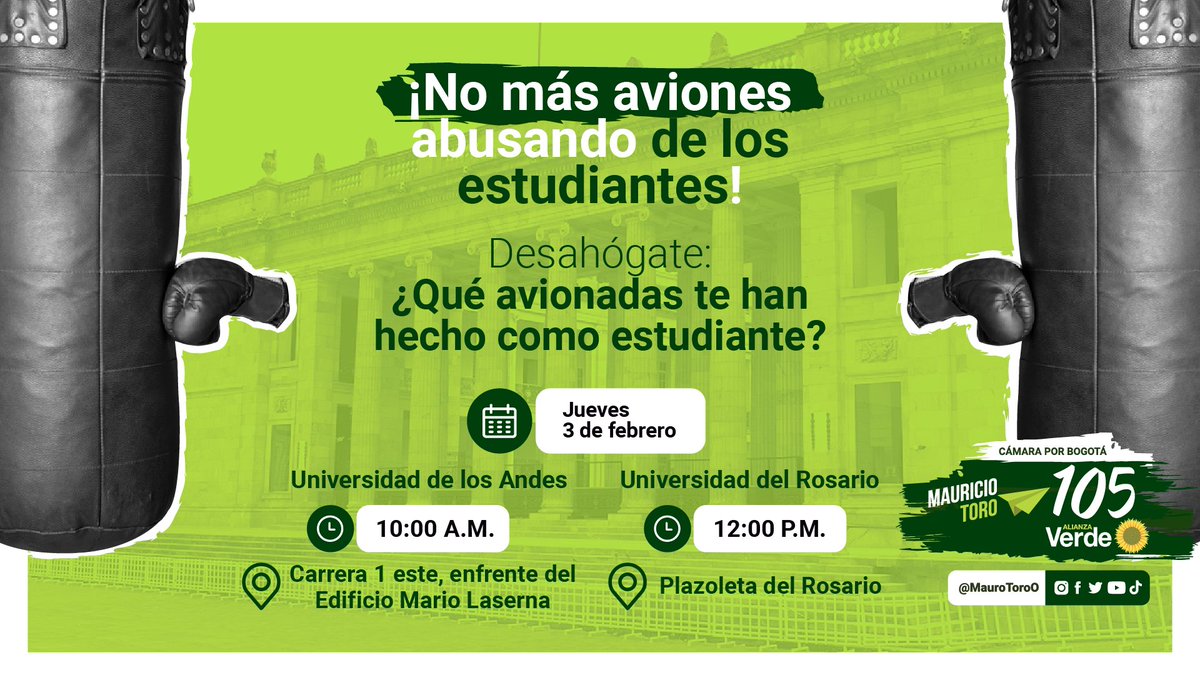 MauroToroO's tweet photo. 🛩¿Qué avionadas les han hecho a ustedes como estudiantes?

Mañana a las 10AM en la U. de los Andes y a las 12PM en el Rosario, vamos a sacar toda la rabia que llevamos dentro🥊

¡Nos vemos! #NoMásAviones 👇🏽 https://t.co/gJRZi58cAi