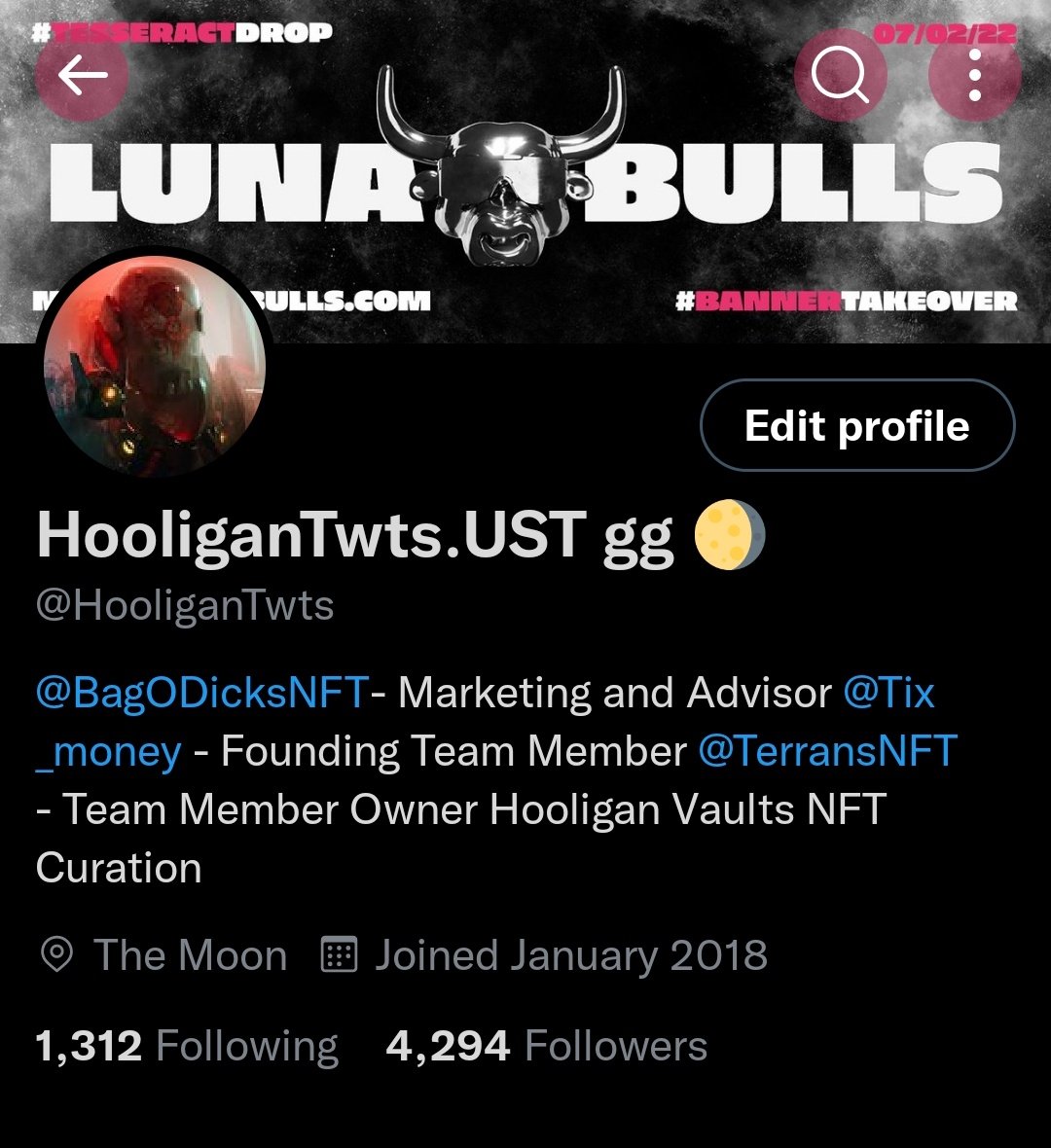 HooliganDegen's tweet photo. @LunaBulls Let's go! #LunaBulls #bannertakeover https://t.co/8Y8Lc4eiWY