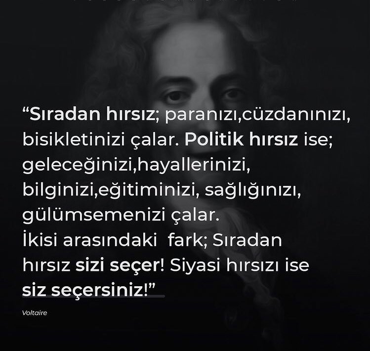 “Sıradan hırsız, paranızı, cüzdanınızı, bisikletinizi çalar. Politik hırsız geleceğinizi, hayallerinizi, bilginizi, eğitiminizi,sağlığınızı, gülümsemenizi çalar. İkisi arasındaki fark sıradan hırsız sizi seçer, siyasi hırsızı siz seçersiniz!”
#SöndürAmpulü
#FaturayıMilletKesecek