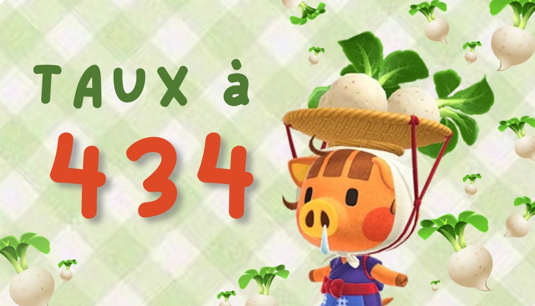 Taux à 434 sur le serveur ! 🪴✨
C’est le moment de venir vendre vos p’tits navets ici : 
discord.gg/ePyY9GA2tq

 A VOS RETWEETS ! 
#navets #acnhnavets #navetsacnh #courdunavet #acnh #acnhfr #acnhentraide #turnips #turnipprice