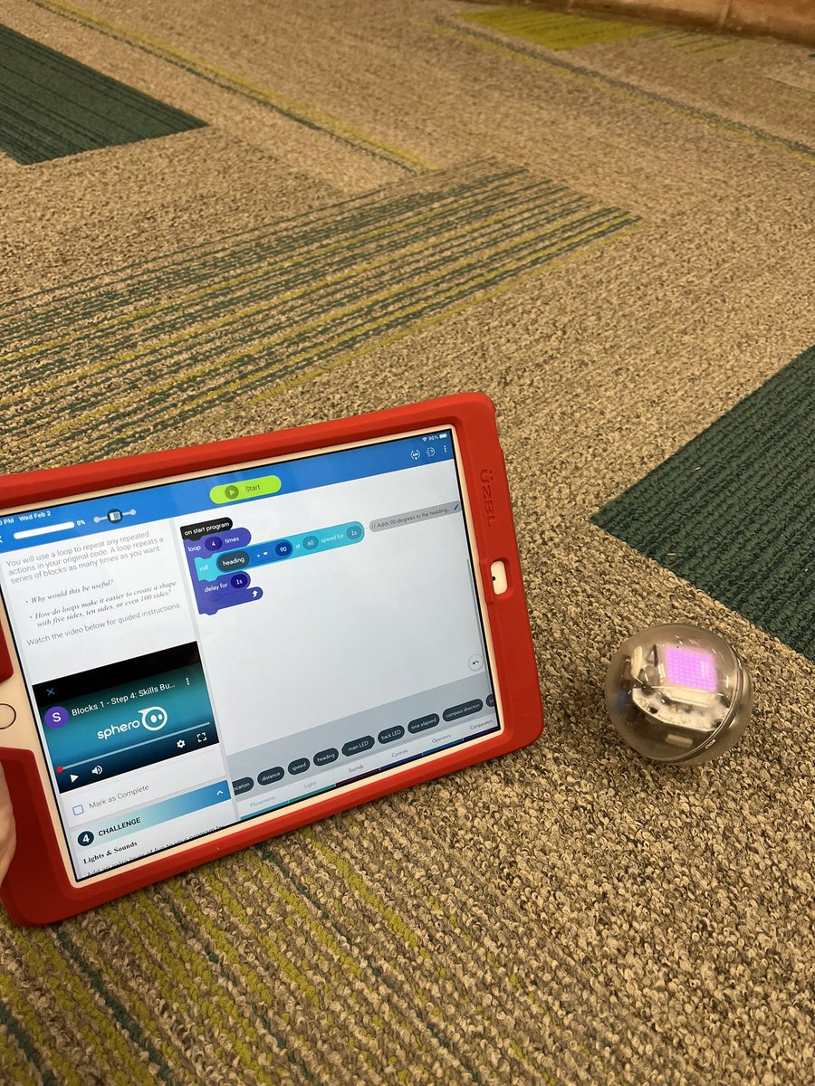 JacobsenMaddi's tweet photo. Using our @Sphero today in #eci201 ! @BurnistonBree and I are coding our little robot to make squares using loops and headings! @NCStateCED @NCStateCEDMETRC https://t.co/uo9dEhKVWI