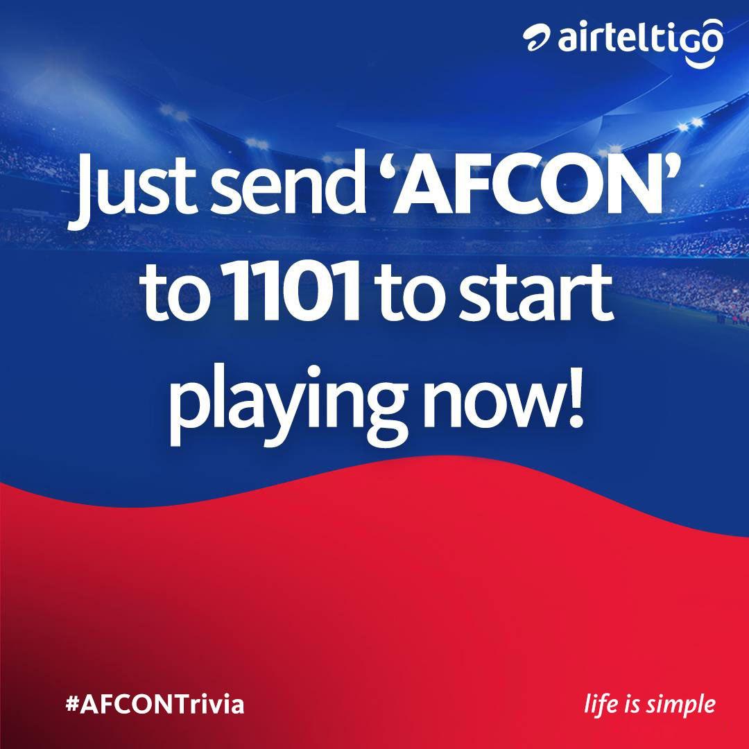 theatghana's tweet photo. There are lots of CASH and other amazing prizes up for grabs in the ongoing #AirtelTigo AFCON Trivia!
WIN Jerseys, Smart TVs & Cash prizes simply by sending 'AFCON' to 1101 & correctly answering the #AFCON Trivia questions.
#LifeIsSimple|#AFCONTrivia|#UseAirtelTigo|#AFCON2021 | https://t.co/Rxb0yvR6rp