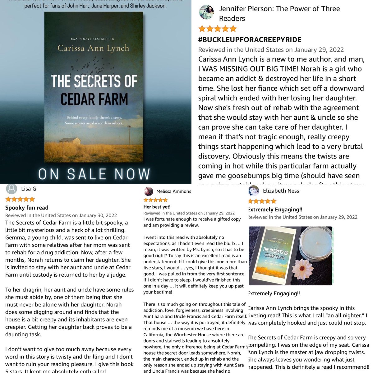 carissaannlynch's tweet photo. I’m so happy + humbled by the reviews and feedback I’m getting so far for #TheSecretsofCedarFarm 😭. I had to share some of these reviews @0neMoreChapter_ @JennieRothwell1 !!!
Thanks to all who have read it so far — I love reading your thoughts on this story! It means a lot 🙏 https://t.co/yPFKrdCi28