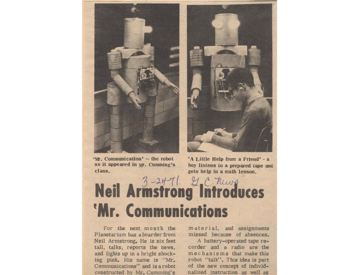 NeilArmstrongES's tweet photo. Meet Mr. Communications! A robot created and entered into the Strasenburgh Planetarium's "Universe around us" art competition in 1971! #robotTutor #robotTeacher #GCpride #neilarmstronges https://t.co/KgIByxnmEh
