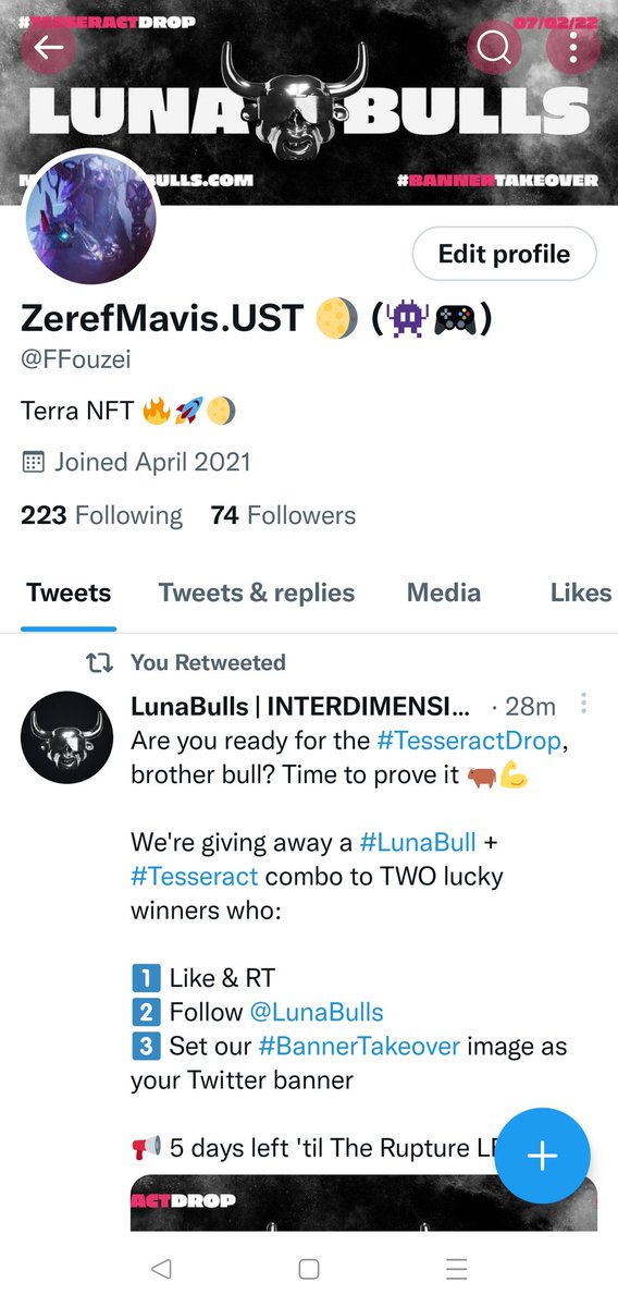 FFouzei's tweet photo. @LunaBulls #BannerTakeover Done! LFG! WAGMI! https://t.co/DJx6gRlfRQ