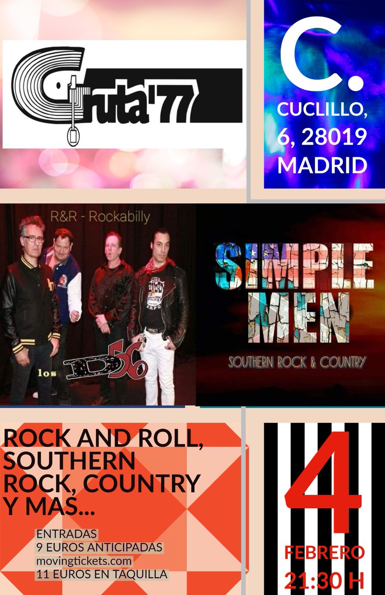 movingtickets's tweet photo. Doble cartelón de #rocknroll/#rockabilly el 4 de #febrero en @gruta77madrid : #SimpleMen + #D56 en #concierto en una potente noche de viernes 👏👏 Entradas 🎟 https://t.co/znDiZcMSmp 🎟
#culturasegura #carabanchel #madrid https://t.co/fPedH75uWh