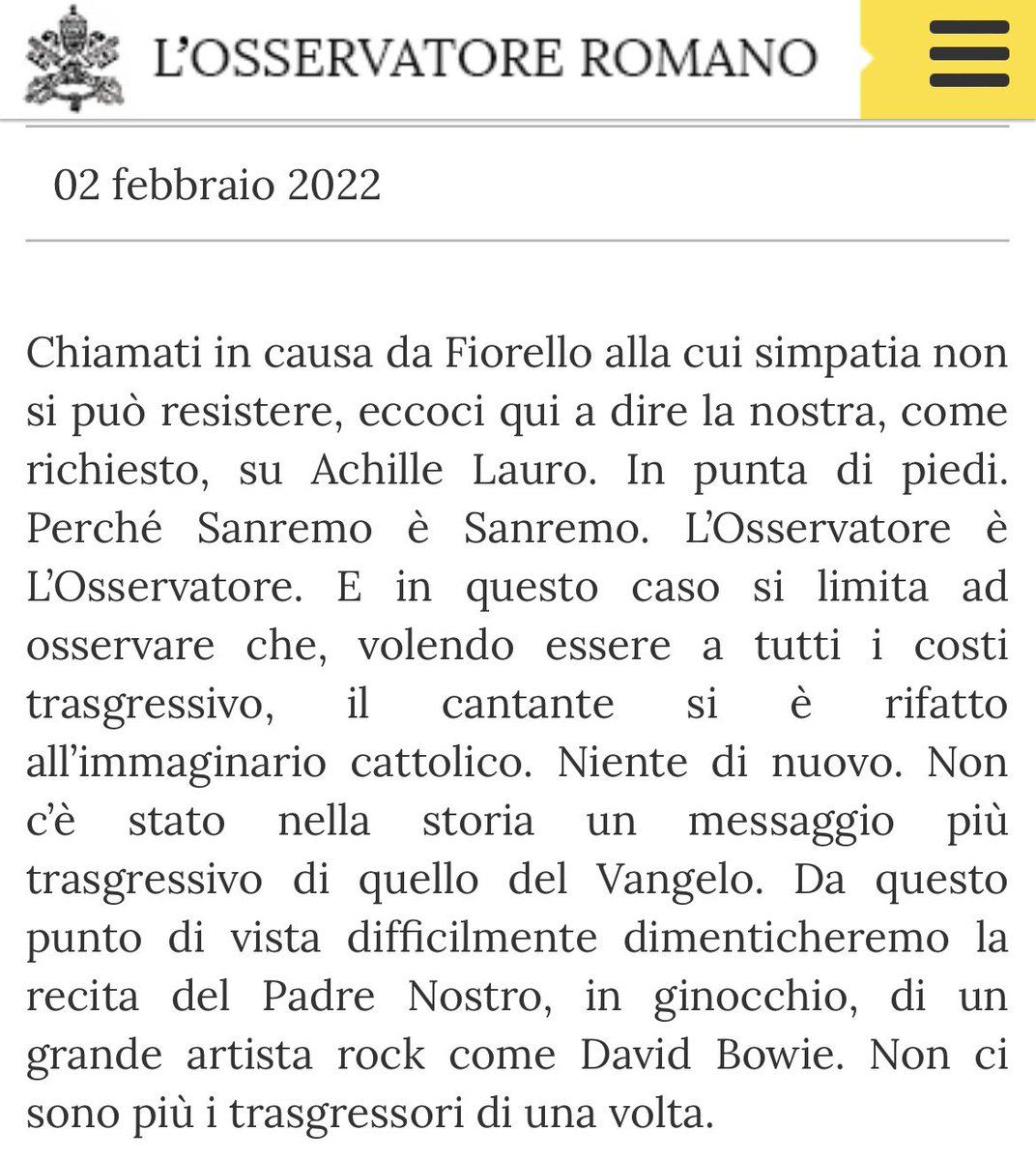 pillibj's tweet photo. Dopo l'Osservatorio Romano che cita Bowie e Renato Zero per blastare Achille Lauro, sono prontissima per la seconda serata di #Sanremo2022 https://t.co/TJFxFJ2pdN