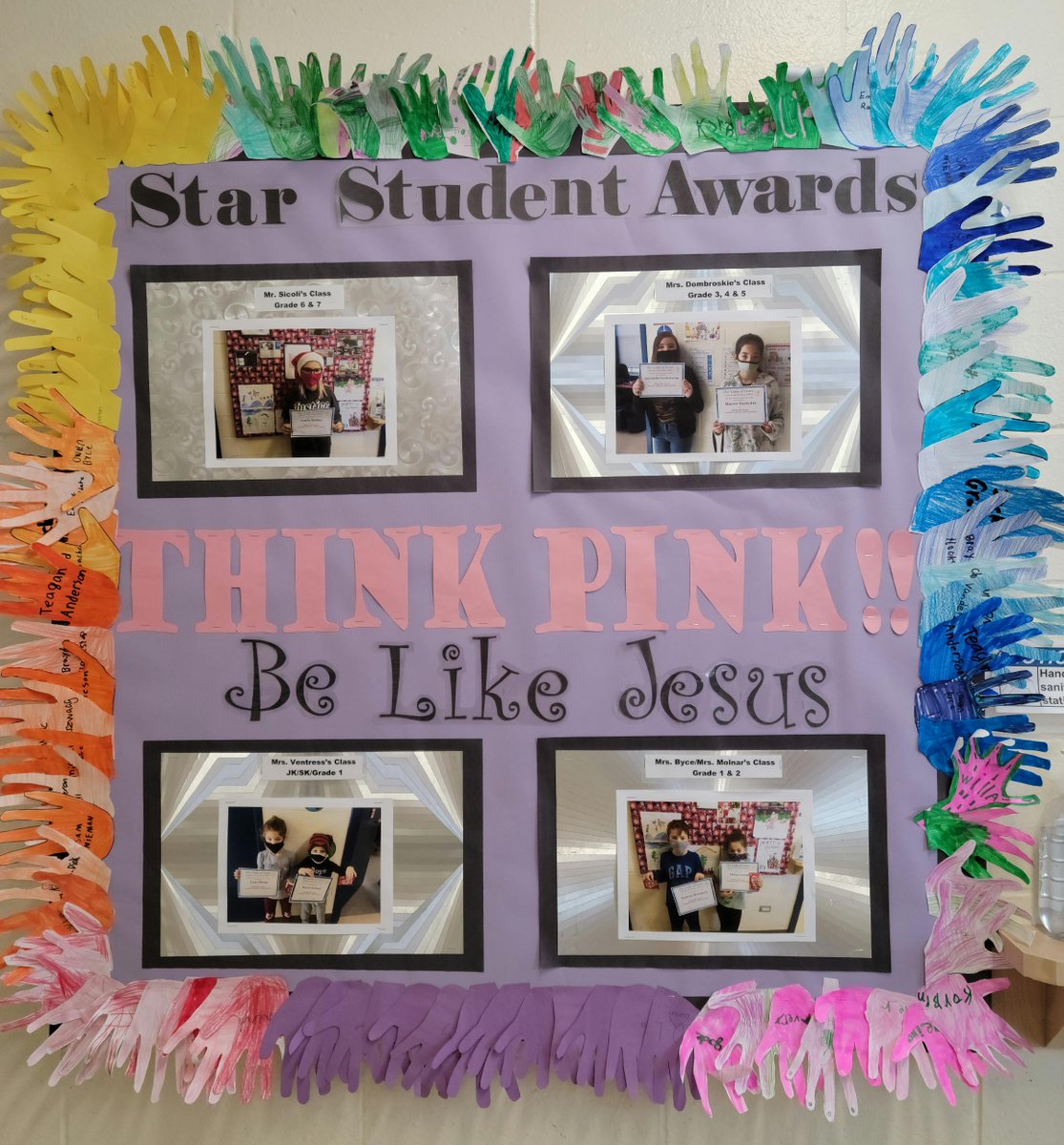 Check out our Star Student Board!  Every child has 'a hand' in making a difference!  #THINKPINK #studentstobelievein