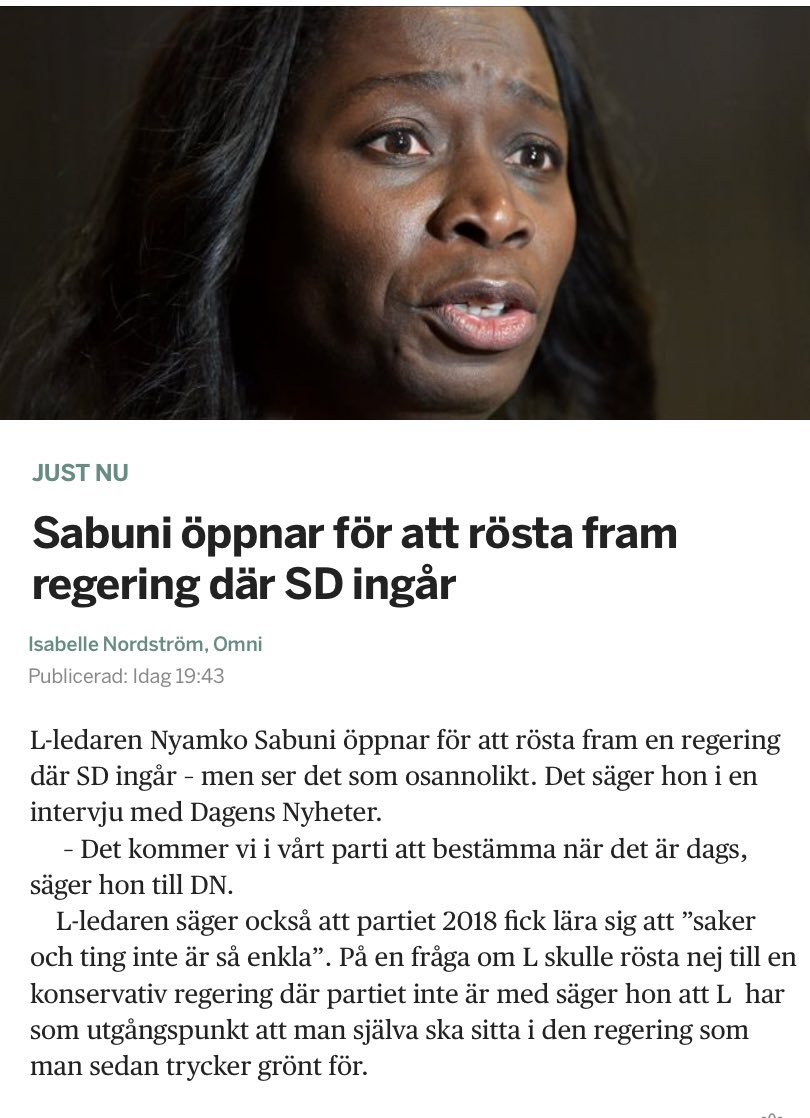 Kan Nyamko Sabuni svara NEJ på en viktigt ideologisk fråga? Hur kan ett liberalt parti på riktigt ens fundera på om de kan rösta på en SD-regering? Sluta snacka om att ni är motsatsen till SD, för att vara ideologiskt motsatta krävs praktik och ryggrad. Något L saknar.