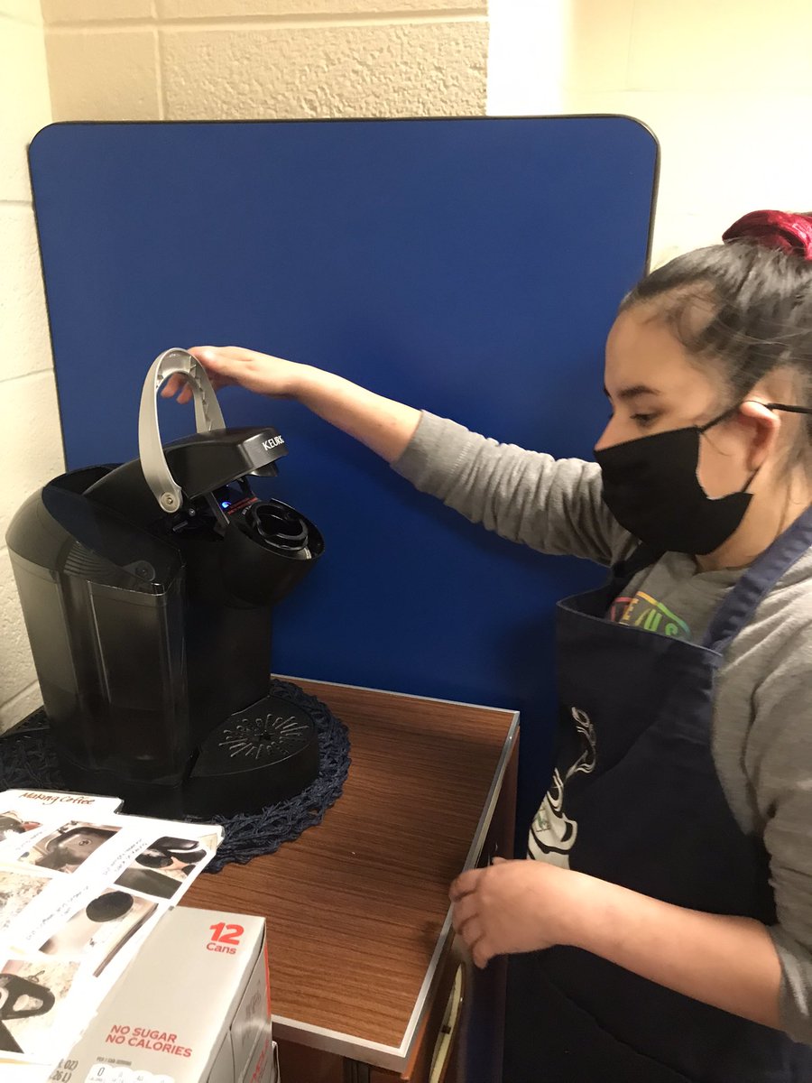 KirkVoc's tweet photo. The Kirk Coffee Cart is up and running at Central Office!  So fun seeing everyone, working on our social skills and practicing pre- vocational skills.@NSSEO_org https://t.co/PYwCl3Lkqu