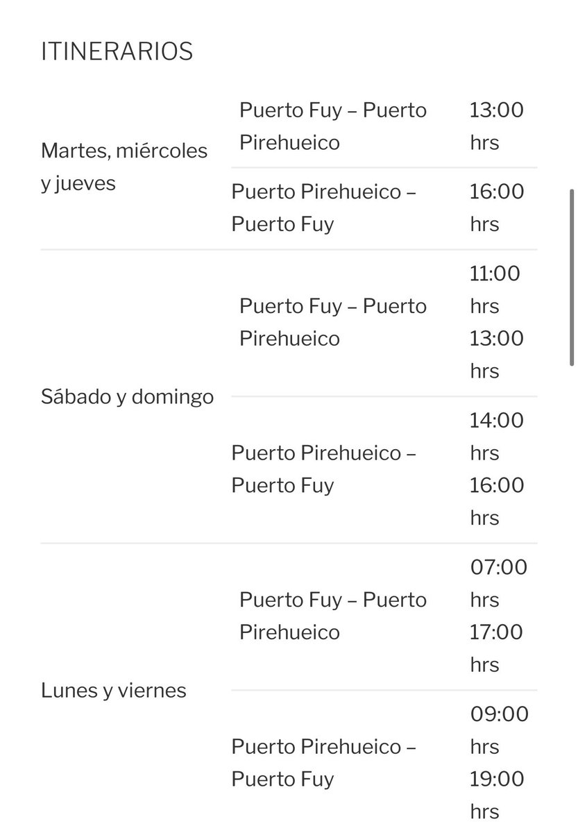 Horarios servicio de conectividad. Puerto Fuy - Puerto Pirehueico
