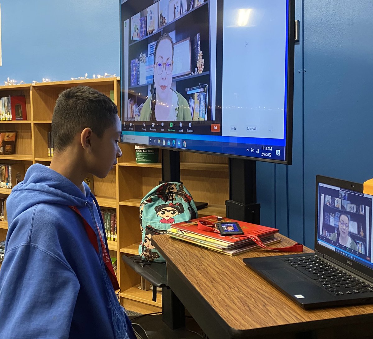 crockettmslib's tweet photo. Our @Crockett_MS Cougars listened to @dbhiguera read from THE LAST CUENTISTA for #WorldReadAloudDay! What a privilege it was for our students to meet a Newbery Medal winning author. 💙💙💙#IrvingReads #WRAD22 https://t.co/LXinApO0In