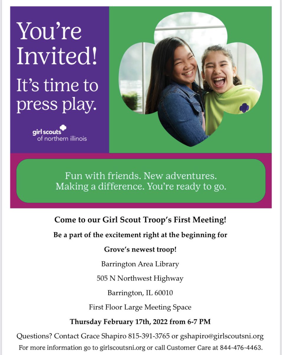 rparikh33's tweet photo. Calling all girls @GroveAve220 between K-2nd grade!  Come join us in learning more about how you can become a Girl Scout!  Parents are also invited to learn the steps to take in getting a troop started for your girls.  Please check out @groveavepto Facebook page for more info! https://t.co/e5H546WVhn