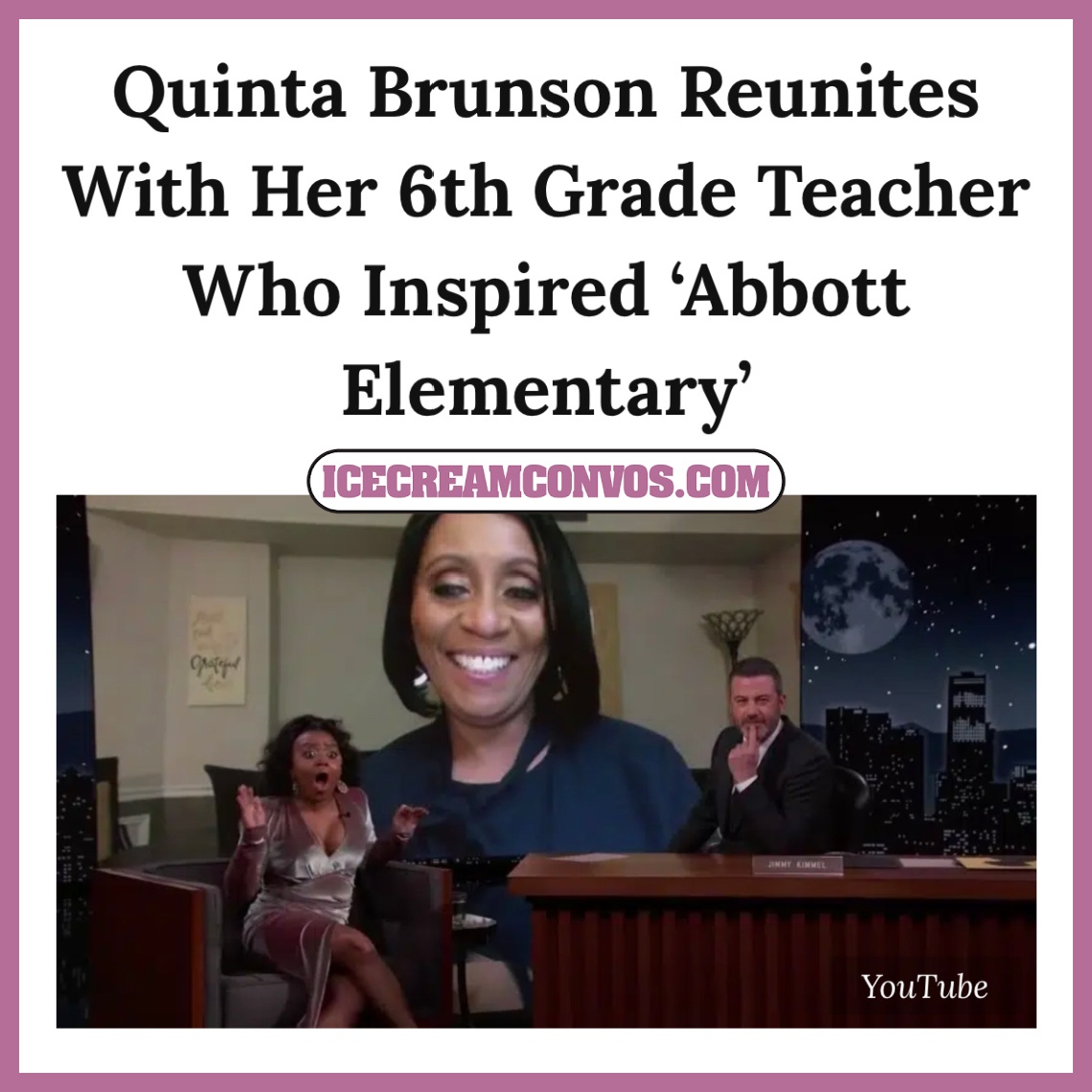 IceCreamConvos's tweet photo. Jimmy Kimmel reunites Quinta Brunson with her 6th grade teacher, who inspired her new hit series, "Abbott Elementary." 🥺🥰📺🖤🍦

Watch the super sweet video 👉🏾 https://t.co/KLSYC6xx2a

#QuintaBrunson #AbbottElementary #MsAbbott #JimmyKimmel https://t.co/XhNkgbCvez