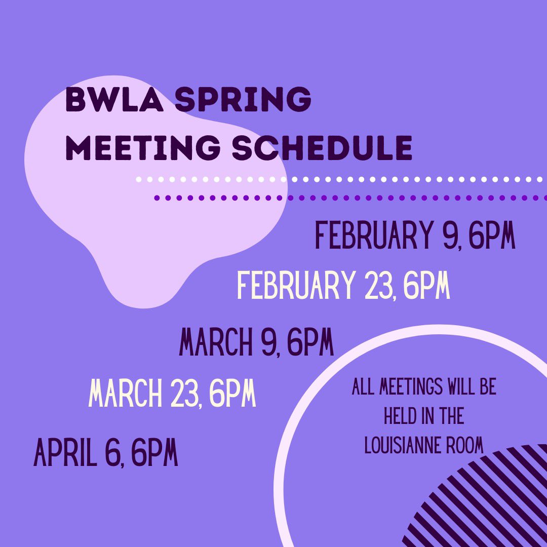 ulbwla's tweet photo. Hey Queens! Here are all the spring semester meeting dates. All dates in dark purple are for active members only, so mark your calendars and don’t miss out! 💜 https://t.co/n2IPTRZOZq