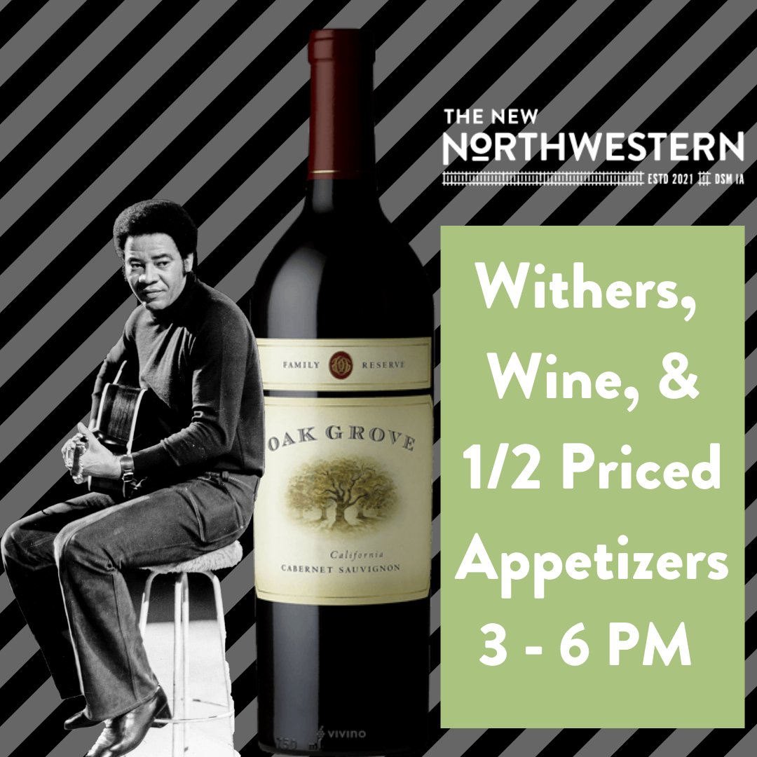 It's Wine & Withers Wednesday! Today our Happy Hour special is 1/2 priced select appetizers: Bruschetta, Spinach Artichoke Dip, or NEW meatballs in Marinara. #TheNewNW #Bar #DSM #IA #Bill #Withers #Wednesday https://t.co/NuWroIhMqg