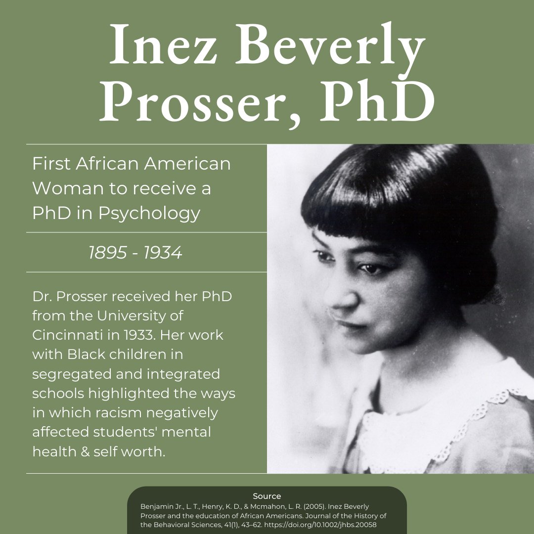 Dr. Inez Prosser was the first African American woman to earn a PhD in #psychology in 1933. Her work highlighted the ways in which racism negatively affected Black students' mental health and self worth. #Blackmentalhealthmatters #BlackwomeninSTEM #BlackHistoryMonth #BHM2022