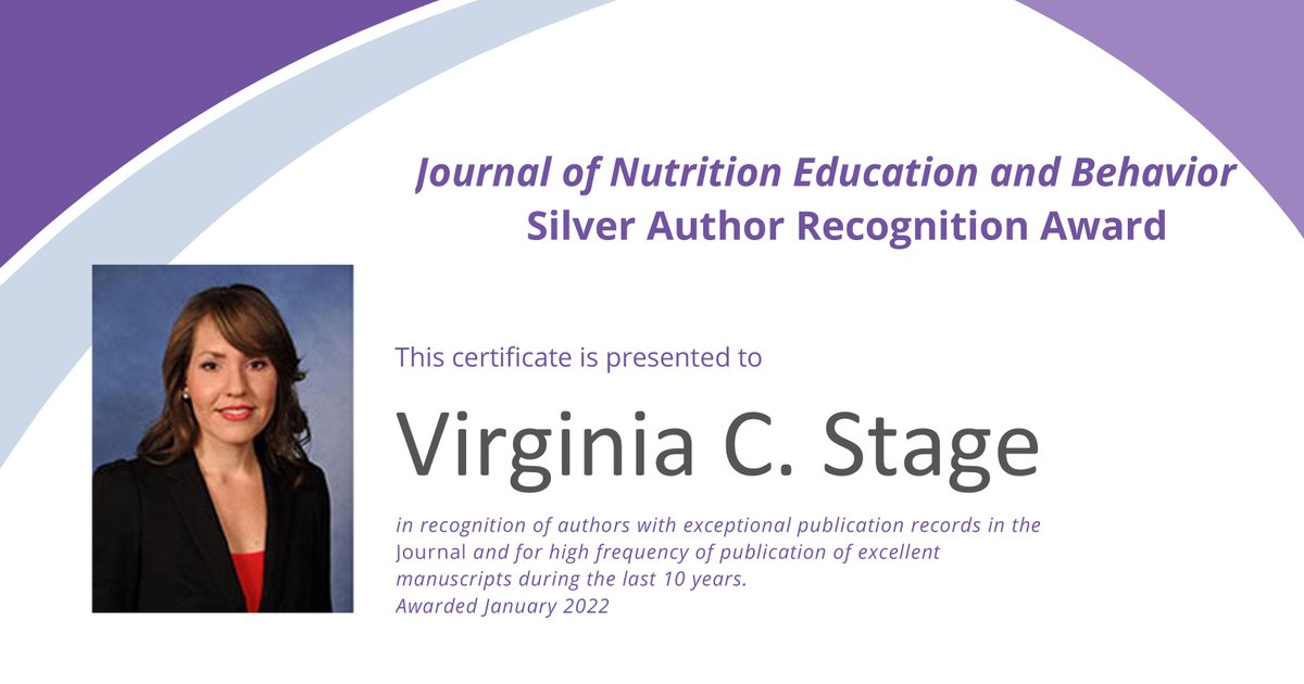 The Journal of Nutrition Education and Behavior (JNEB) presented @ECUNUTR's Dr. Virginia Stage with the Silver Author Recognition Award for her publishing record. Congrats, Dr. Stage! @ECUResearch #ECUAlliedHealthSciences