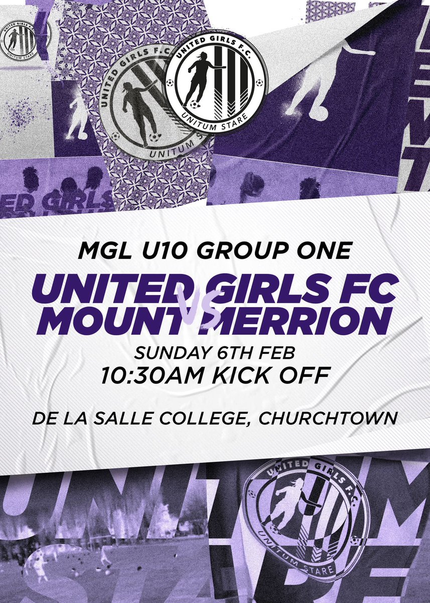 🌟 United Girls FC U10s - Mount Merrion U10s 🌟

Our first home league game as part of the Metropolitan Girls League &amp; Academy for our U10s Girls this coming Sunday in De La Salle College, Churchtown 💜

🌞 10:30am kick off  ⚽️

Super artwork as always from One One One Design 👏