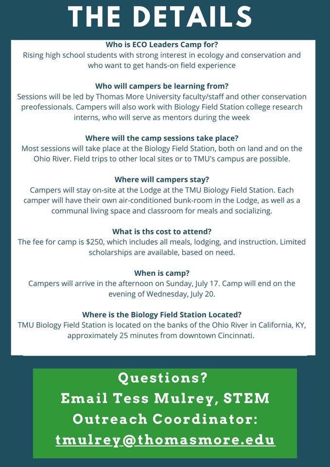 tmubio's tweet photo. ECO CAMP! Calling high schoolers  interested in conservation, ecology &amp; the environment.  Apps are now being accepted for our summer Ecology, Conservation, and Outreach Camp: a 4-day &amp; 4-night immersive study of the natural world. For more details, contact mulreyt@thomasmore.edu. https://t.co/sxu13Qxf29