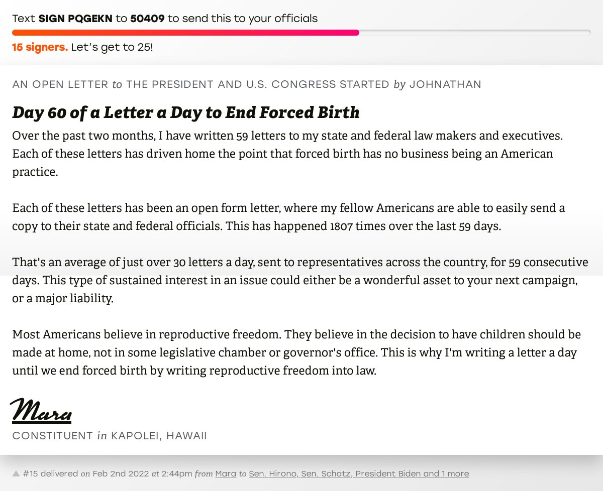 openletterbot's tweet photo. 🖋 Sign “Day 60 of a Letter a Day to End Forced Birth” and I’ll deliver a copy to your officials: https://t.co/3yJNBnc8PI
📨 No. 15 is from Mara to @MazieHirono, @SenBrianSchatz, @POTUS and 1 more #HIpolitics https://t.co/BTvacl1esv