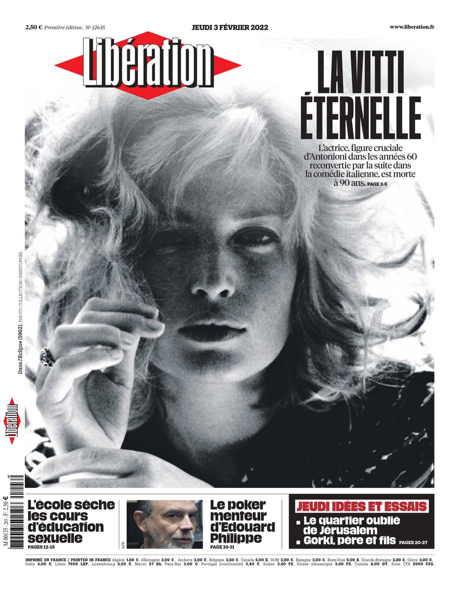 ROBZIK's tweet photo. #MonicaVitti Eterna. 
La splendida prima pagina di @libe di domani. https://t.co/KNCCuPCg5b