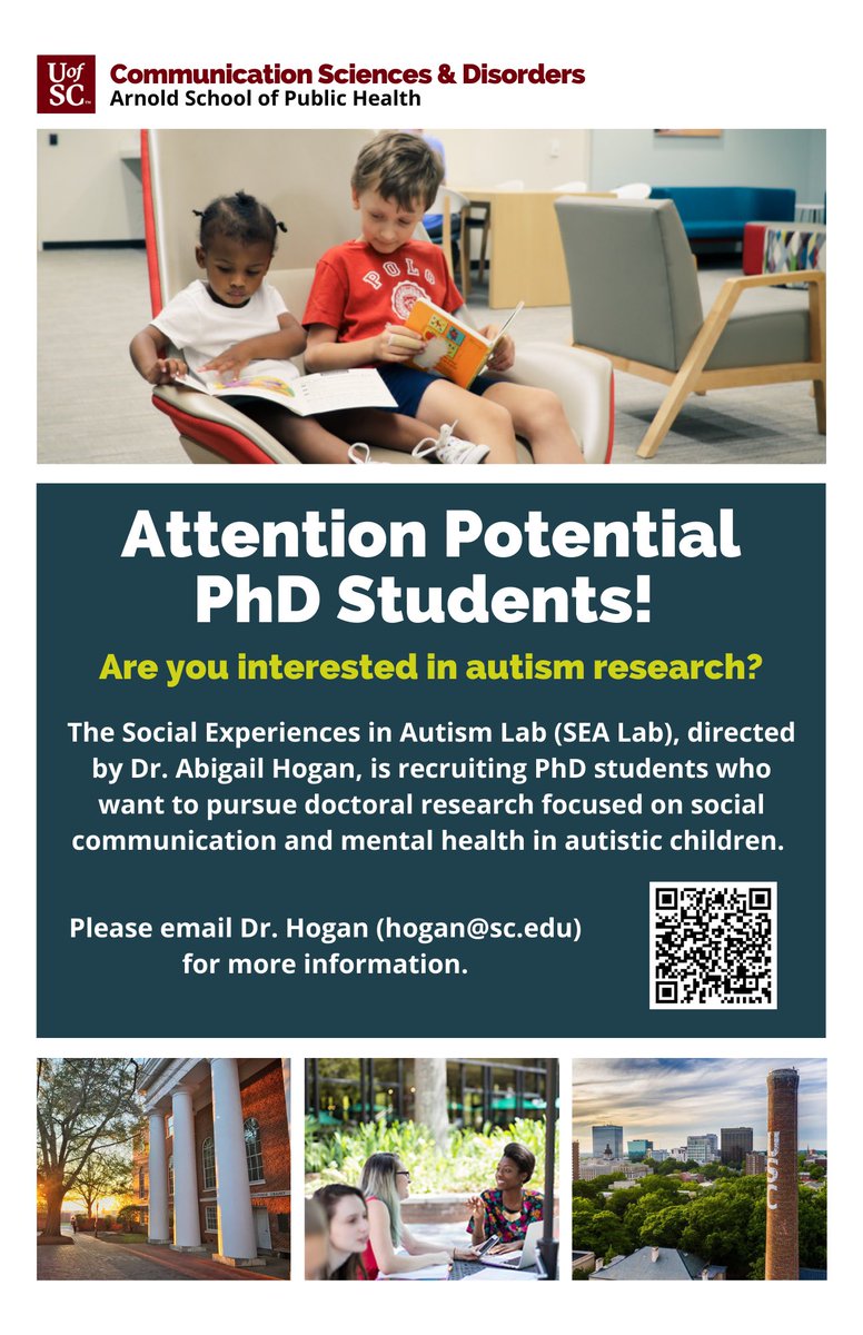 DrAbbyHogan's tweet photo. I am recruiting a PhD student who is interested in studying anxiety and communication in autistic children for my new lab at the University of South Carolina #UofSC! Come join us! https://t.co/UU9db02PFC