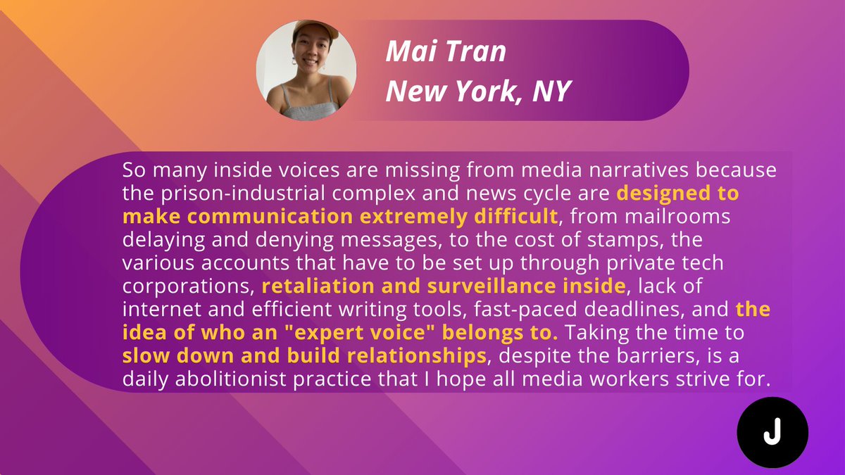 justmedia4all's tweet image. Kicking off our reflection series is our beloved queer Vietnamese American writer, @maiittran, based in New York, NY. They are currently a nonfiction coordinator for @MfaApp and a mentor with the PEN Prison &amp;amp; Justice Writing Program(@PENamerica).