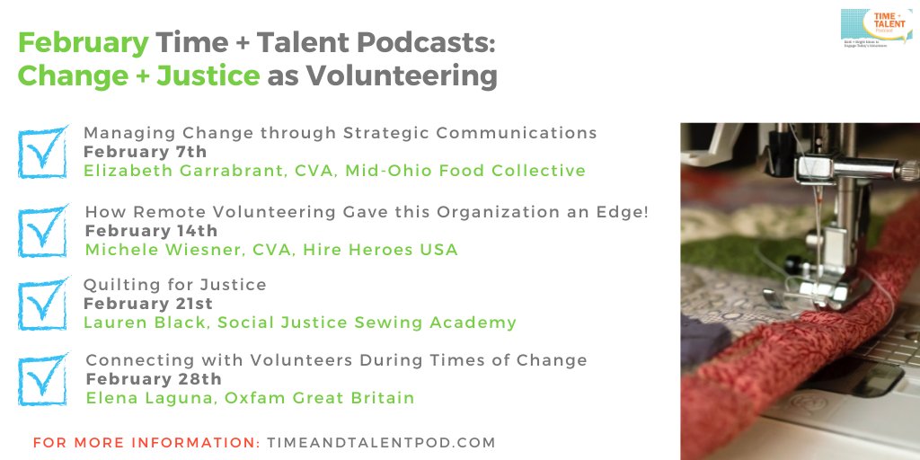 VolunteerMatch's tweet photo. February's Time + Talent #Podcast focuses on #engagingvolunteers 4 #change + #justice. Join @VolunteerMatch's @JenBennettCVA + @volpronet's @TobiJohnsonTJA 4 uplifting + insightful convos 4 leaders of volunteers! https://t.co/fWqE1qHTpL  #quilting #omicron #bhm #healthandwellness https://t.co/pdM9Msr5JM