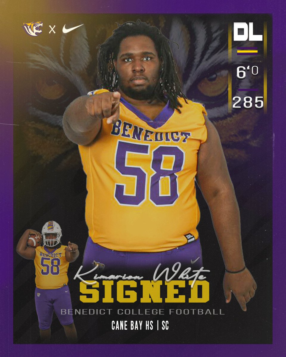 CoachJOdaffer's tweet photo. Go Tigers!
We just got 1% better with the addition of:
Kimarion White a physical interior Defensive Lineman from Cane Bay HS (Summerville, SC)!
@benedictedu @benedict_tigers
#Protec22heJungle #CultureShift #WelcomeToBC #NSD22 #BCRecruitsSC https://t.co/j99tZQpbdc