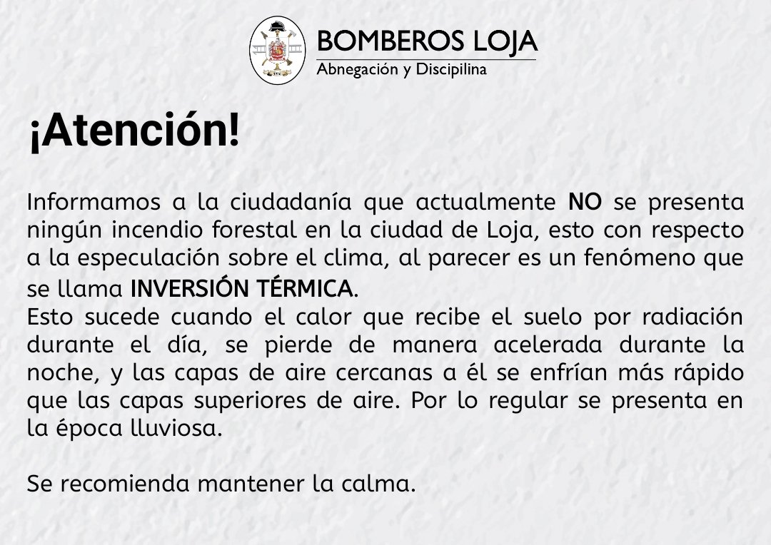 cbomberosloja's tweet photo. 📣 ¡Atención !

Con respecto a la especulación del clima 🌫️🌁en la ciudad de #Loja informamos. 👇

#𝑨𝒃𝒏𝒆𝒈𝒂𝒄𝒊ó𝒏𝒀𝑫𝒊𝒔𝒄𝒊𝒑𝒍𝒊𝒏𝒂 
#75𝑨ñ𝒐𝒔𝑺𝒂𝒍𝒗𝒂𝒏𝒅𝒐𝑽𝒊𝒅𝒂𝒔𝑷𝒓𝒐𝒕𝒆𝒈𝒊𝒆𝒏𝒅𝒐𝑩𝒊𝒆𝒏𝒆𝒔 https://t.co/mGEgJ8Idk8