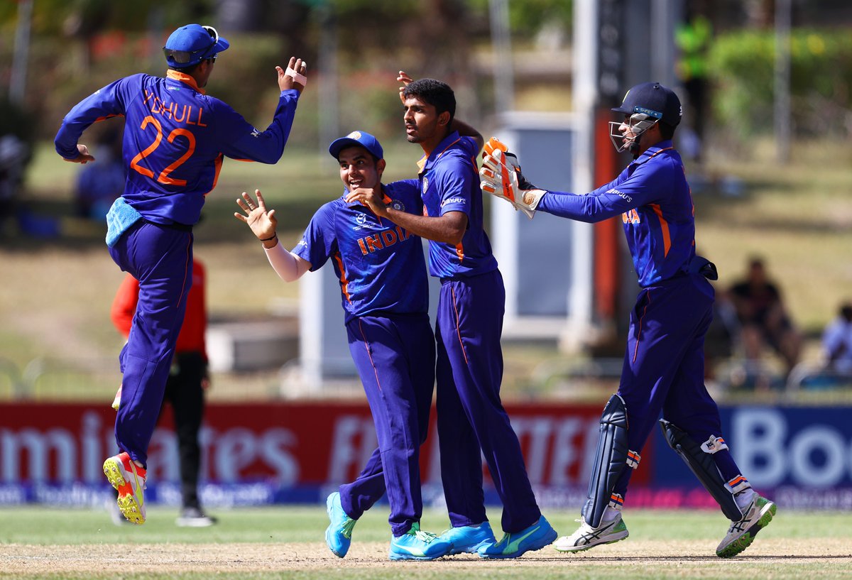 BCCI's tweet photo. WHAT. A. PERFORMANCE! 💪 👌

India U19 beat Australia U19 by 9⃣6⃣ runs &amp; march into the #U19CWC 2022 Final. 👏 👏 #BoysInBlue #INDvAUS 

This is India U19's 4th successive &amp; 8th overall appearance in the U19 World Cup finals. 🔝

Scorecard ➡️ https://t.co/tpXk8p6Uw6 https://t.co/tapbrYrIMg