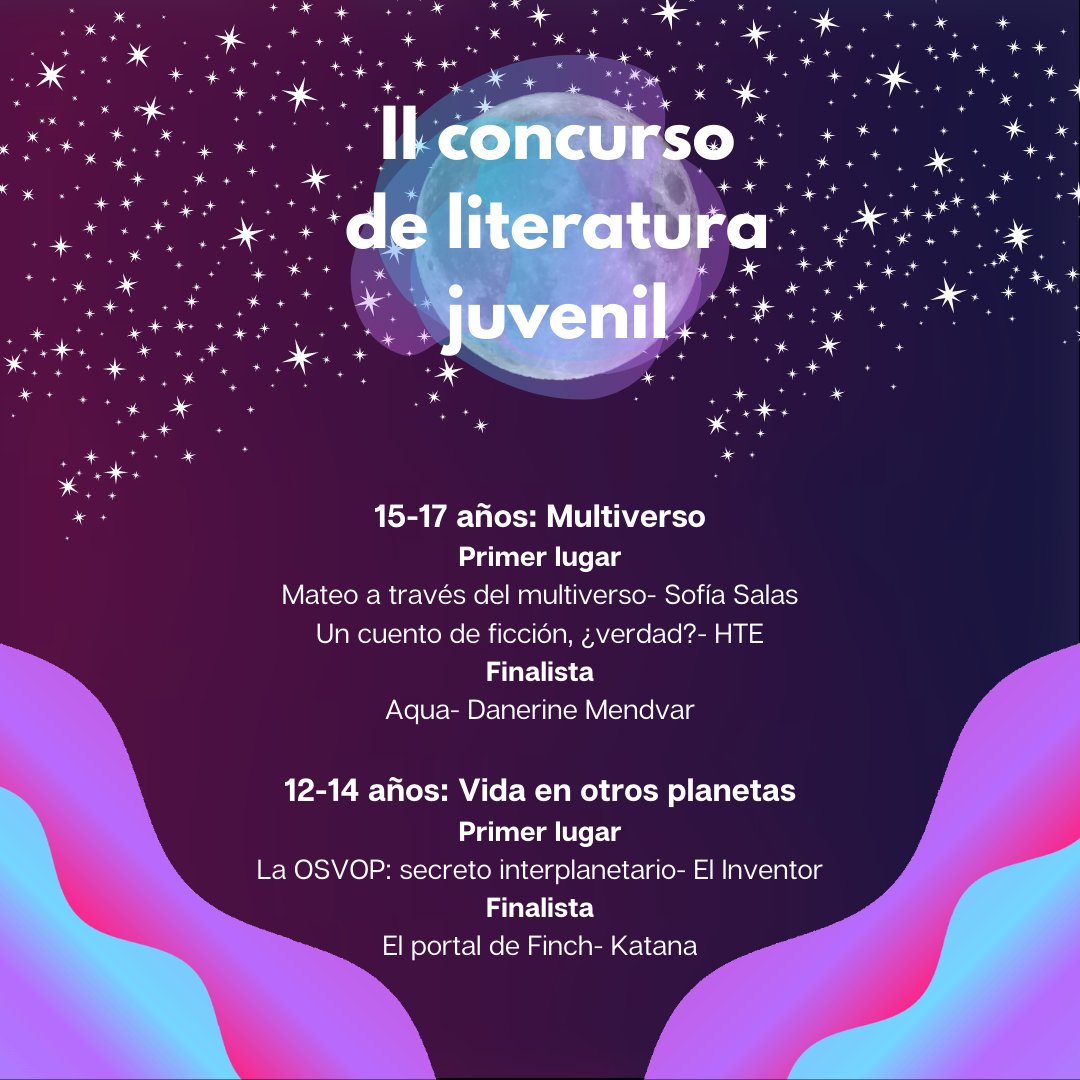 editorialENNE's tweet photo. ¡Ya tenemos a l@s ganador@s del II Concurso de literatura juvenil

15-17 años: Multiverso
Mateo a través del multiverso- Sofía Salas
Un cuento de ficción, ¿verdad?- HTE

12-14 años: Vida en otros planetas
La OSVOP: secreto interplanetario- El Inventor https://t.co/XWhSrFDVWj