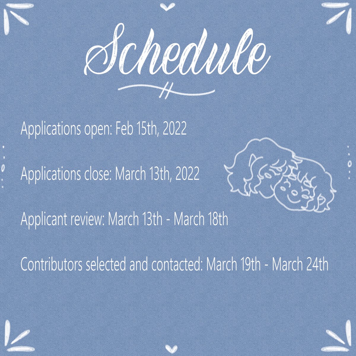 Here's a first look at the schedule of the zine, things like check-ins and eventual publication (I'm hoping for sometime in September) will depend on the amount of interest and the amount of applicants accepted !