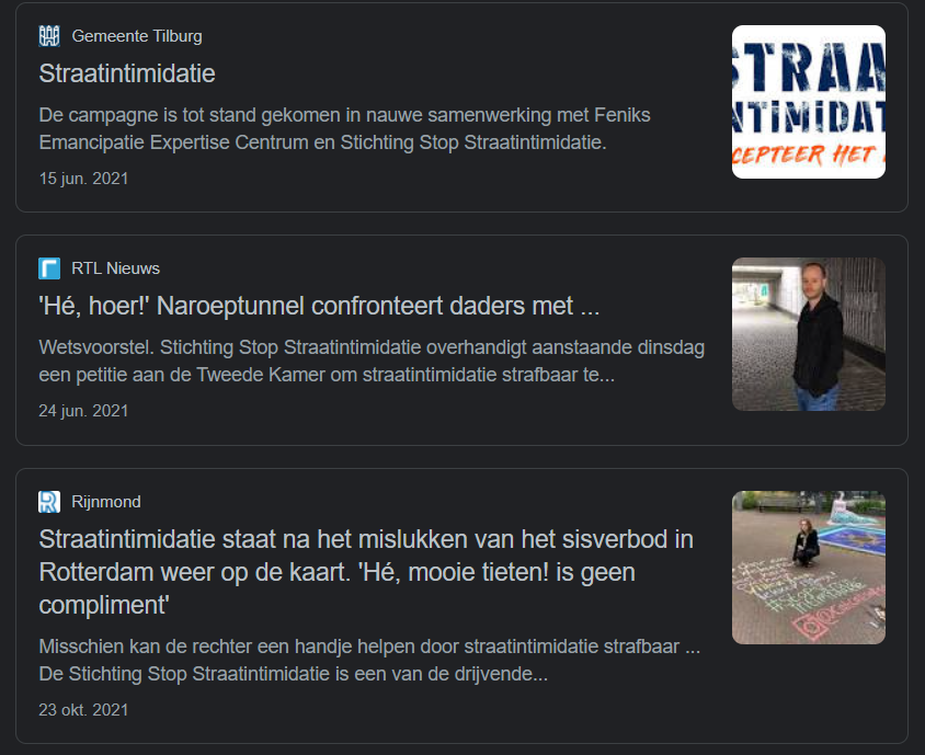 Moet zeggen dat ik opgelucht en ook best een beetje trots ben dat straatintimidatie nu eindelijk de aandacht krijg die het verdient. Alle toppers van Stichting Stop Straatintimidatie (<a href="/straatintimidat/">Stop Straatintimidatie</a>) werken hier al zó lang zó knetterhard voor.