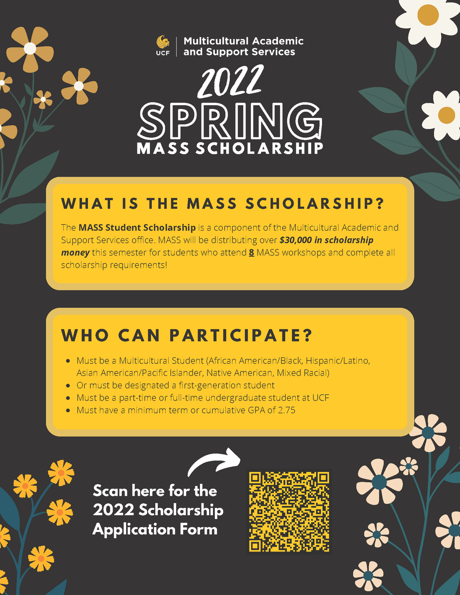SCHOLARSHIP OPPORTUNITY: Eligible students who attend 8 qualifying workshops can apply for the MASS scholarship. Deadline is April 25th, 2022. Application link below: 
docs.google.com/file/d/1JcJ5nY…