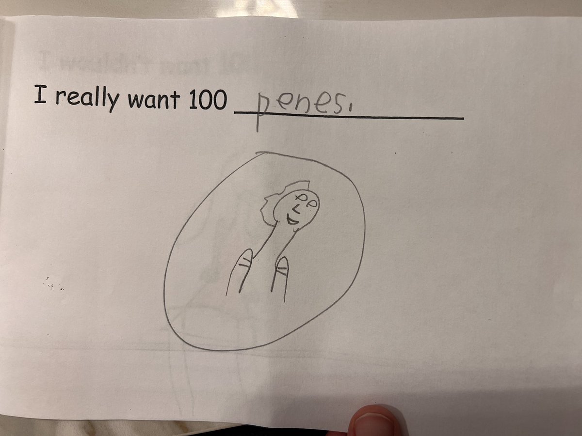 saper's tweet image. Lily (6) actually wants 100 “pennies,” despite the spelling and accompanying drawing.