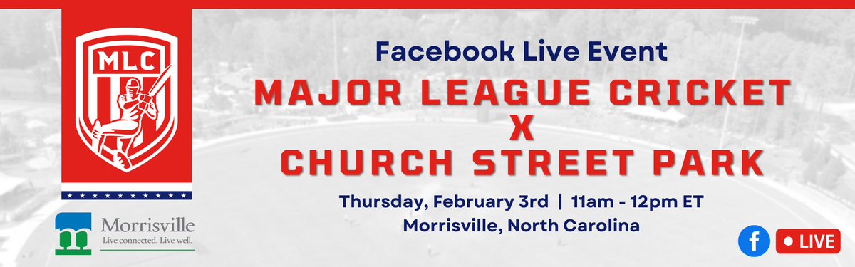 🔊 More exciting MLC stadium news hitting the airwaves tomorrow morning! 

Make sure to tune into the announcement being streamed live on the <a href="/Morrisville_NC/">Morrisville, NC</a>'s Facebook page tomorrow at 11am - 12pm ET 🏏 🏟️ 

facebook.com/TownOfMorrisvi…

#MajorLeagueCricket